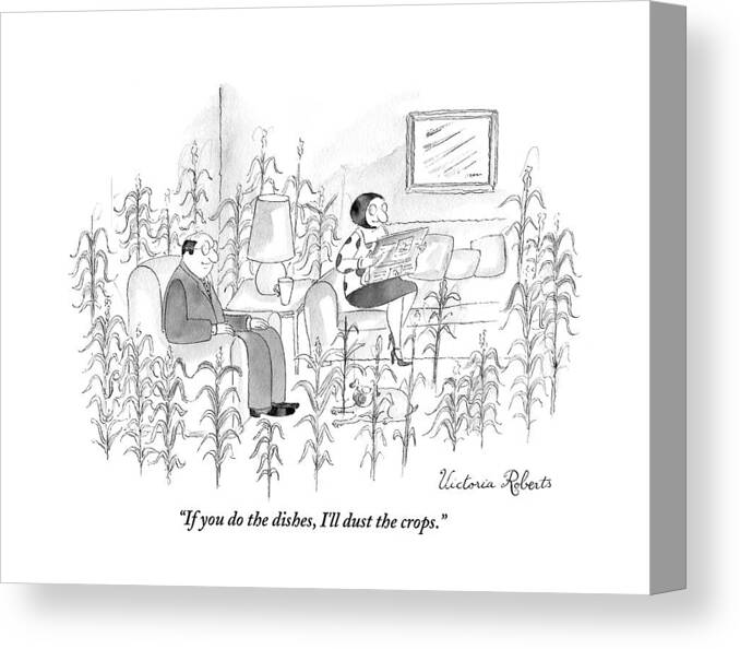 Corn Canvas Print featuring the drawing A Man, Woman, And Dog Sit In A Living Room That by Victoria Roberts