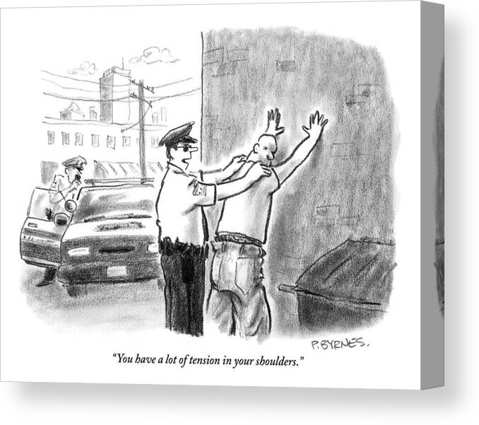 Massage Canvas Print featuring the drawing A Policeman Talks To A Man He Is Frisking Or by Pat Byrnes