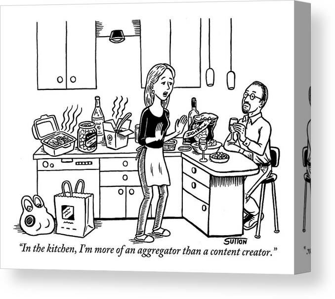 Kitchen Canvas Print featuring the drawing A Stressed-out Looking Woman Wearing An Apron by Ward Sutton