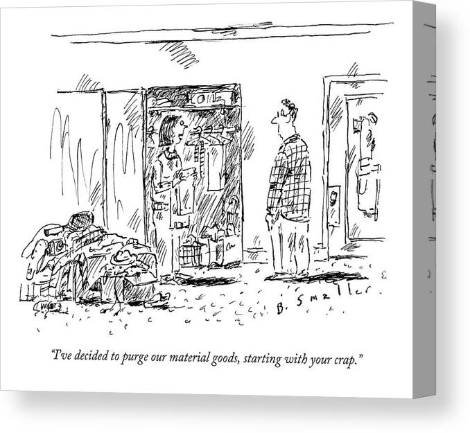 Couple Canvas Print featuring the drawing A Woman Cleans Out A Closet While Speaking by Barbara Smaller