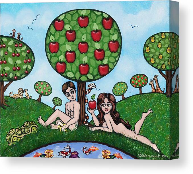 Adam And Eve Canvas Print featuring the painting Adam and Eve The Naked Truth by Victoria De Almeida