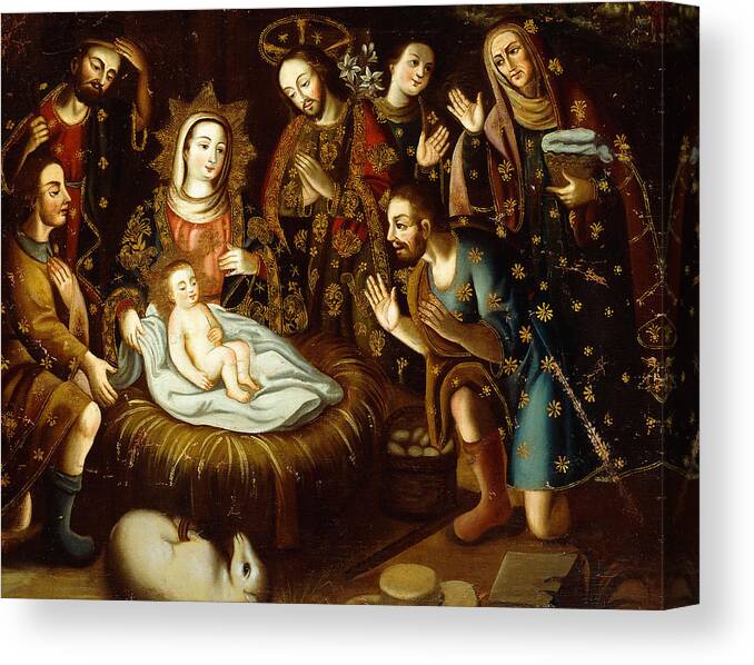 Nativity Canvas Print featuring the painting Adoration of the Sheperds by Gaspar Miguel de Berrio