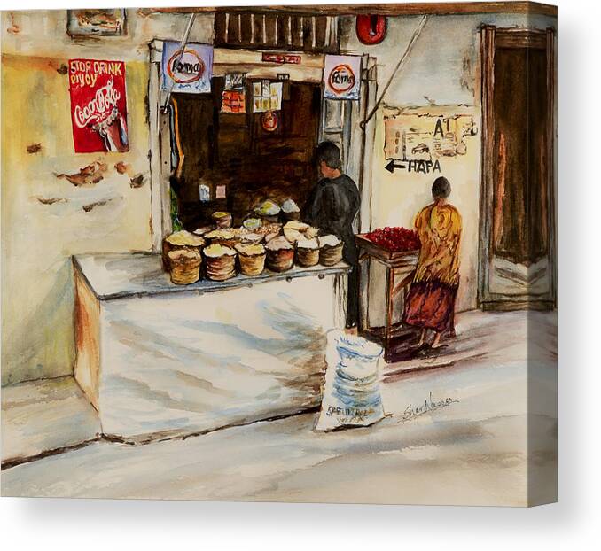 Duka African Store Canvas Print featuring the painting African Corner Store by Sher Nasser Artist