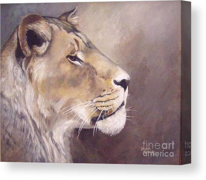 African Lioness Canvas Print featuring the painting African Lioness On Alert by Suzanne Schaefer