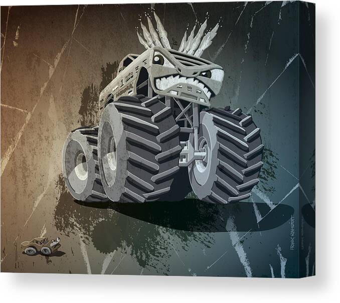 Monster Truck Canvas Print featuring the digital art Aggressive Monster Truck Grunge by Frank Ramspott