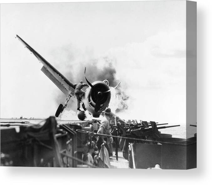 Uss Enterprise Canvas Print featuring the photograph Aircraft Crash In World War II by Us Navy/us National Archives/science Photo Library