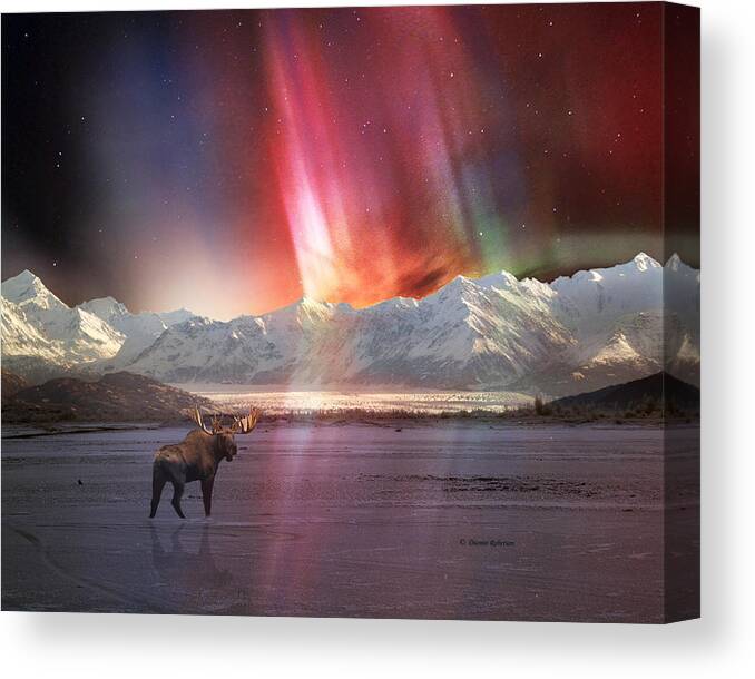 Alaska Canvas Print featuring the digital art Alaska Aurora Knik Glacier Bull Moose # DA 144 by Dianne Roberson
