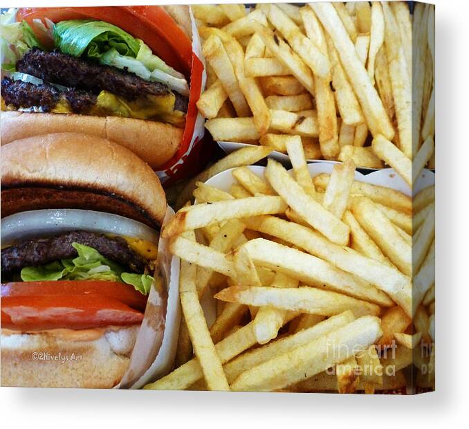 All-american Cheeseburgers And Fries Canvas Print featuring the photograph All American Cheeseburgers and Fries by Two Hivelys