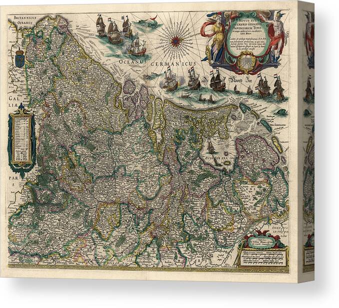 Belgium Canvas Print featuring the drawing Antique Map of Belgium and the Netherlands by Willem Janszoon Blaeu - 1647 by Blue Monocle