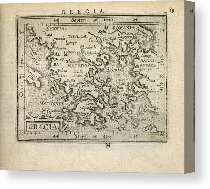 Greece Canvas Print featuring the drawing Antique Map of Greece by Abraham Ortelius - 1603 by Blue Monocle