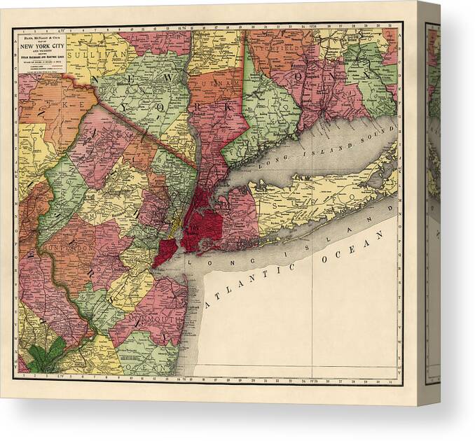 New York City Canvas Print featuring the drawing Antique Map of the New York City Region by Rand McNally and Company - 1908 by Blue Monocle