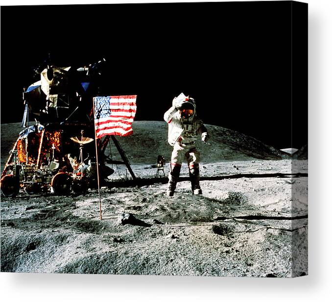 John W Young Canvas Print featuring the photograph Astronaut Saluting Us Flag On The Moon by Nasa/science Photo Library