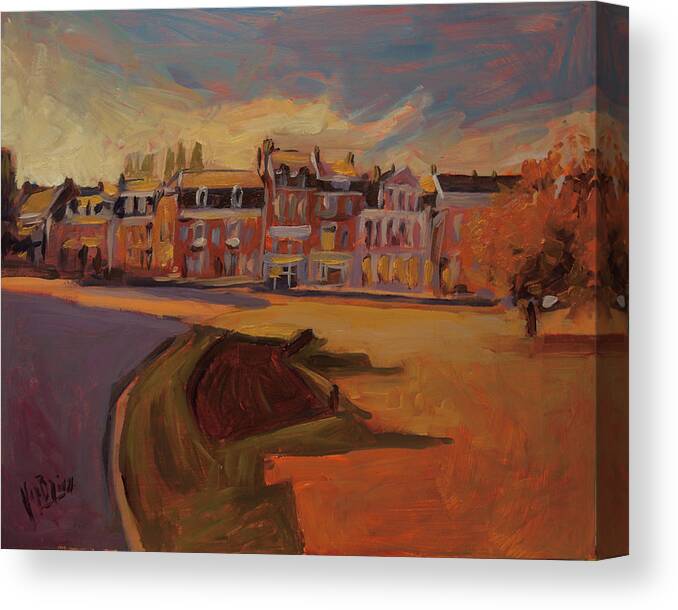 Koningin Emmaplein Canvas Print featuring the painting Autumn light over the Queen Emma Square Maastricht by Nop Briex