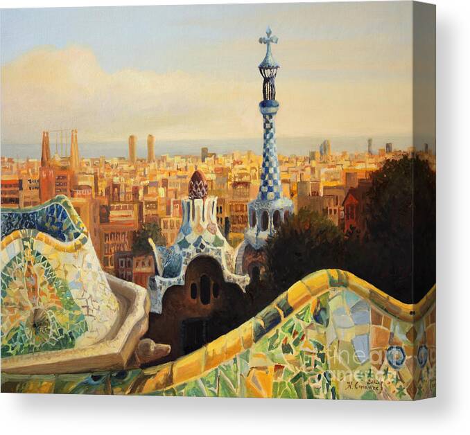 Antoni Gaudi Canvas Print featuring the painting Barcelona Park Guell by Kiril Stanchev