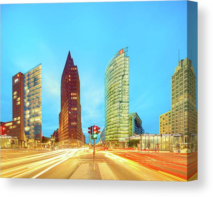 Berlin Canvas Print featuring the photograph Berlin Skyline On Potsdamer Platz With by Matthias Makarinus