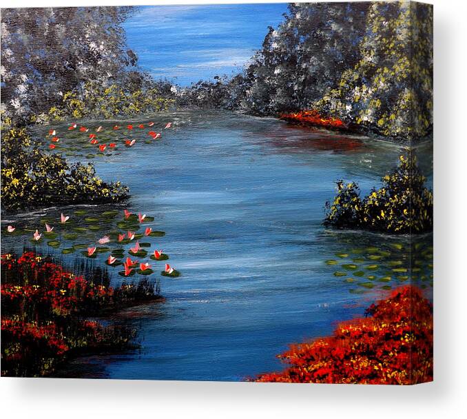 Paintingsbydarren Canvas Print featuring the painting Beyond the Bridge at Lily Pond by Darren Robinson