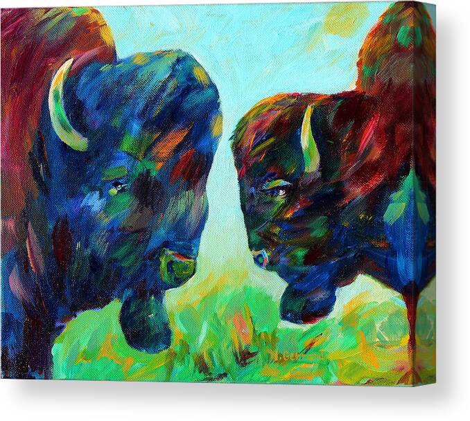 Two Bison In The Meadow Canvas Print featuring the painting Bison Wisdom by Naomi Gerrard