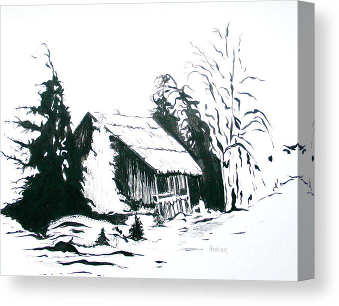 Barn Canvas Print featuring the drawing Black and White Barn in Snow by Joyce Gebauer