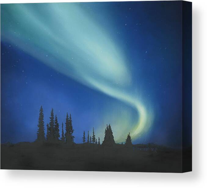 Blue Green Aurora Borealis Lights Trees Night Sky Northern Lights Light Woods Evening Oil Painting Original Painting Cecilia Brendel Canvas Print featuring the painting Blue Green Aurora Borealis by Cecilia Brendel