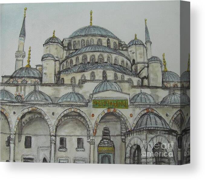 Watercolour Paintings Canvas Print featuring the painting Blue Mosque Istanbul Turkey by Malinda Prud'homme
