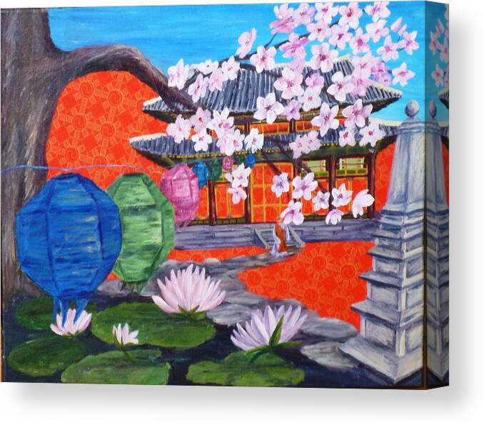 South Korea Canvas Print featuring the painting Buddhist Temple in South Korea by Karen Whytock Lucas