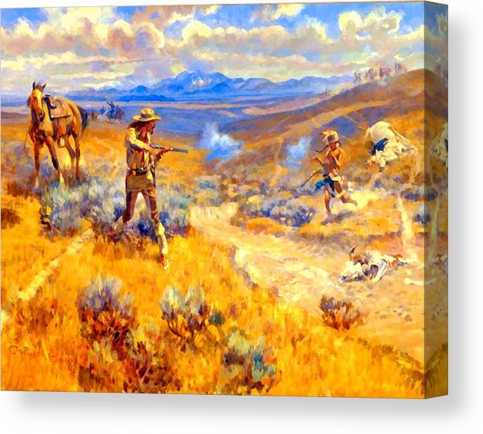 Buffalo Bills Duel With Yellowhand Canvas Print featuring the digital art Buffalo Bills Duel With Yellowhand by Charles Russell