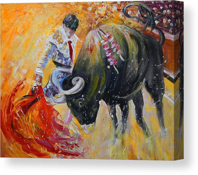 Animals Canvas Print featuring the painting Bullfighting in Neon Light 02 by Miki De Goodaboom