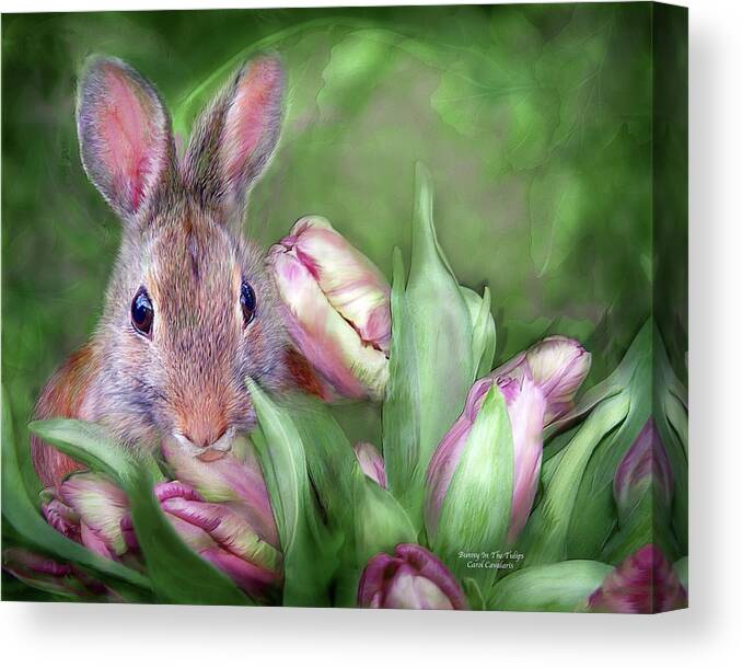 Bunny Canvas Print featuring the mixed media Bunny In The Tulips by Carol Cavalaris
