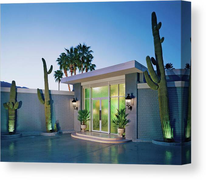 No People Canvas Print featuring the photograph Cactus At Building Entrance At Dusk by Mary E. Nichols