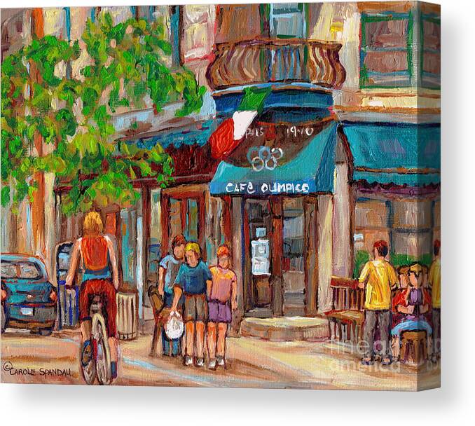Cafe Olimpico Canvas Print featuring the painting Cafe Olimpico-124 Rue St. Viateur-montreal Paintings-sports Bar-restaurant-montreal City Scenes by Carole Spandau