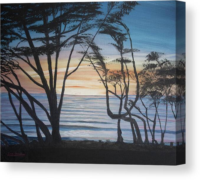 Blue Canvas Print featuring the painting Cambria Cypress Trees at Sunset by Ian Donley