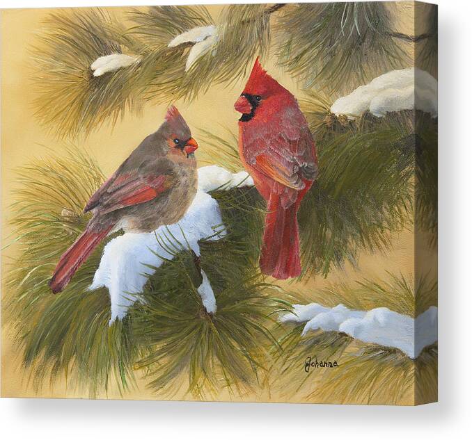 Song Birds Canvas Print featuring the painting Cardinals And White Pine by Johanna Lerwick