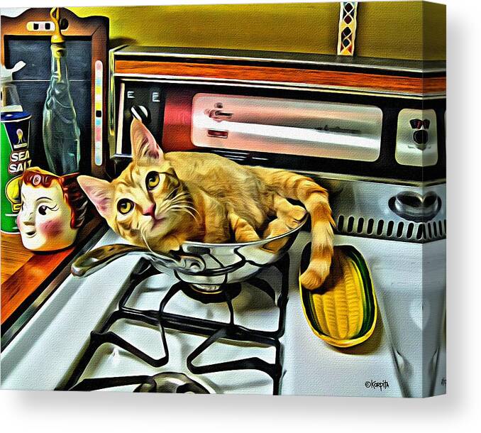 Cat In A Pot Canvas Print featuring the photograph Cat in a Pot on a Stove by Rebecca Korpita