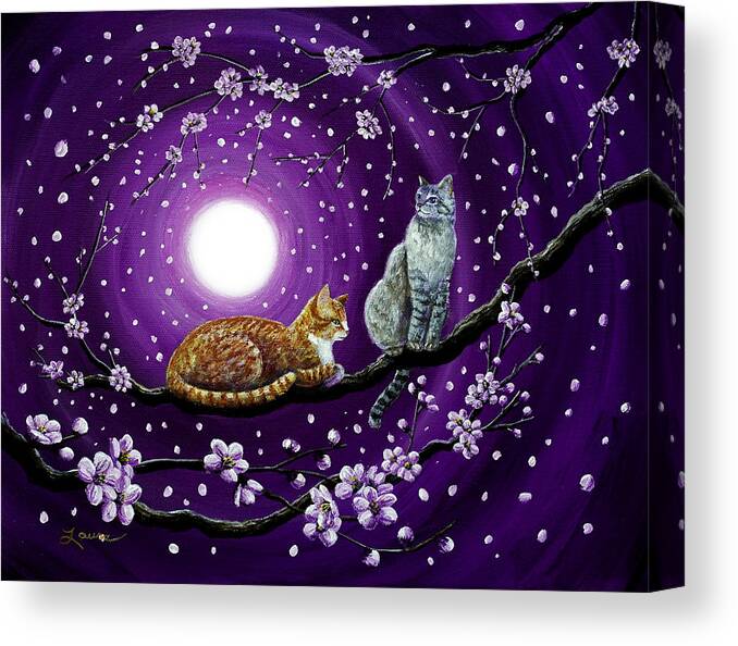 Violet Canvas Print featuring the painting Cats in Dancing Cherry Blossoms by Laura Iverson