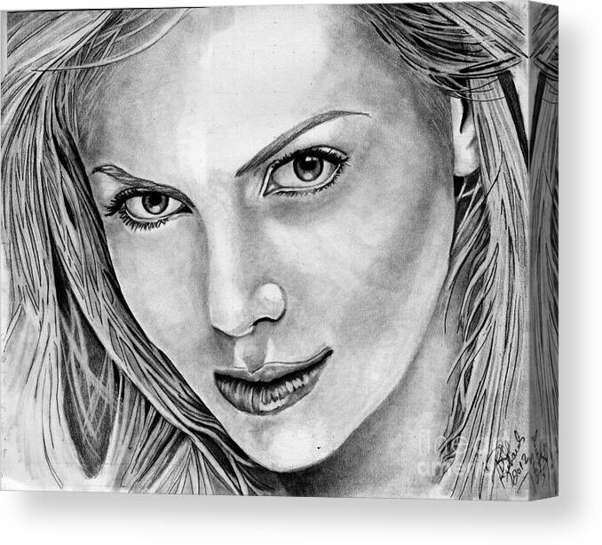 Charlize Canvas Print featuring the drawing Charlize Theron by Bill Richards