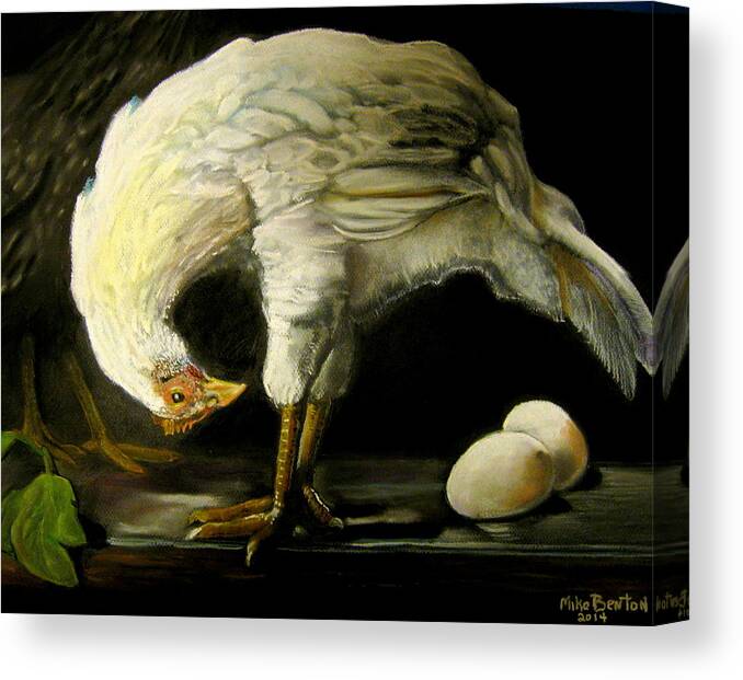 Chicken Canvas Print featuring the pastel Chicken and Eggs by Mike Benton