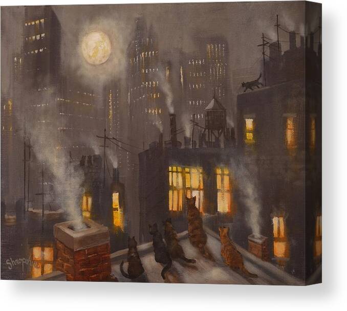  Cats Canvas Print featuring the painting City Cats by Tom Shropshire