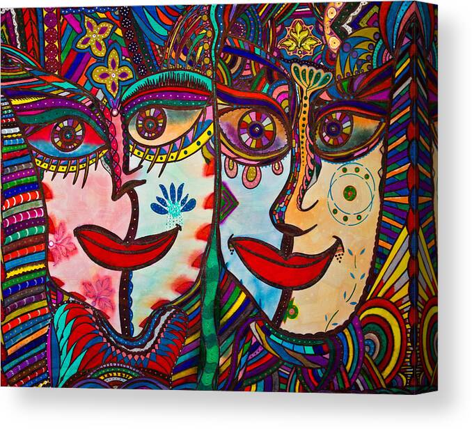 Colorful Faces Canvas Print featuring the painting Colorful Faces Gazing - Ink Abstract Faces by Marie Jamieson