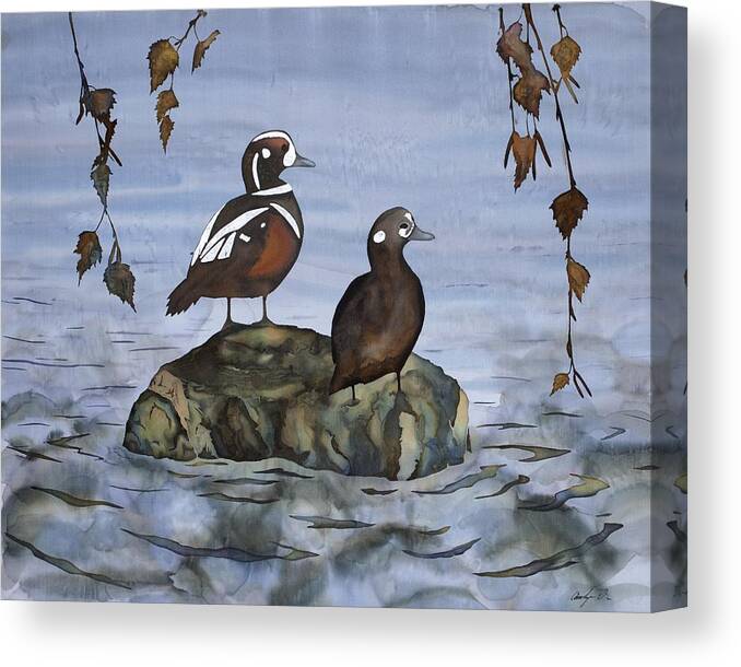 Ducks Canvas Print featuring the tapestry - textile Coming Closer by Carolyn Doe
