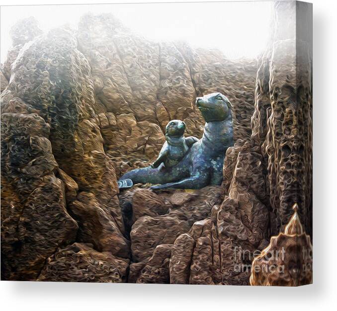 Crystal Cove Canvas Print featuring the painting Corona del Mar Seals Statue by Gregory Dyer