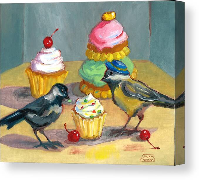 Cupcake Canvas Print featuring the painting Cupcakes and Chickadees by Susan Thomas