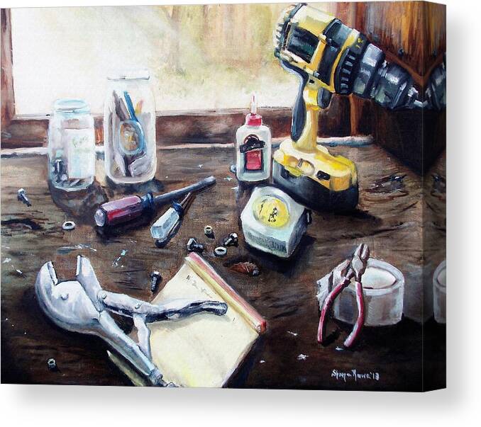 Tool Canvas Print featuring the painting Dad's Bench by Shana Rowe Jackson