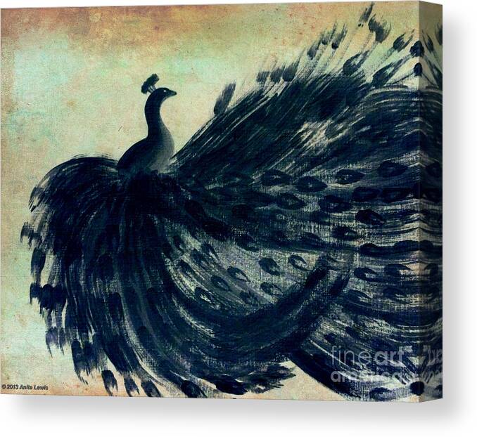 Black Bird Canvas Print featuring the painting DANCING PEACOCK mint by Anita Lewis