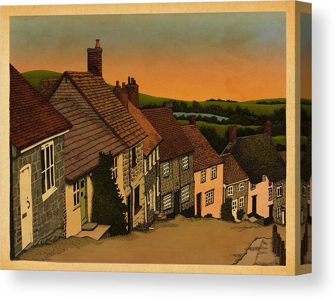 Village Street Houses Architecture Canvas Print featuring the drawing Daybreak by Meg Shearer