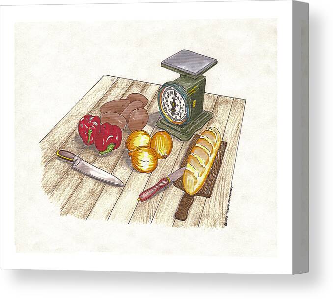 A Cook Book Illustration By Jack Pumphrey Of Vintage Kitchen Utensils And Food In A Watercolor By Jack Pumphrey Canvas Print featuring the painting Weighing Dinner preparation Supper by Jack Pumphrey