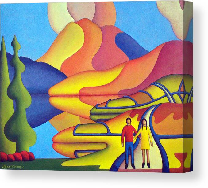Lovers Canvas Print featuring the painting Dreamscape with lovers by lake by Alan Kenny