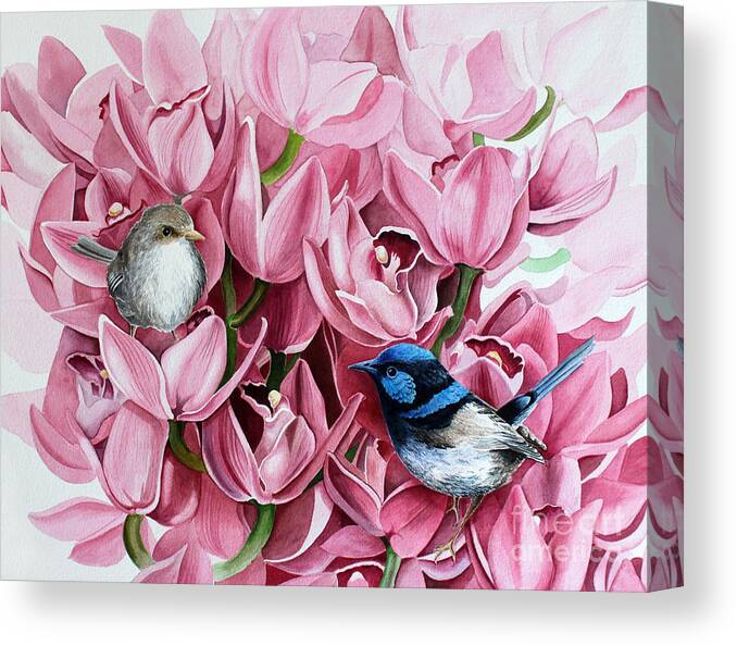 Watercolor Canvas Print featuring the painting Fairy Wrens and Orchids by Debbie Hart