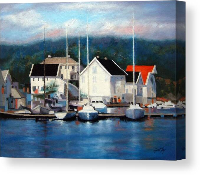 Seascape Canvas Print featuring the painting Farsund Dock Scene Painting by Janet King