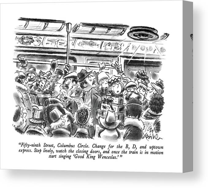 

' Subway Loudspeaker To Commuters On Train. Urban Canvas Print featuring the drawing Fifty-ninth Street by Ed Fisher