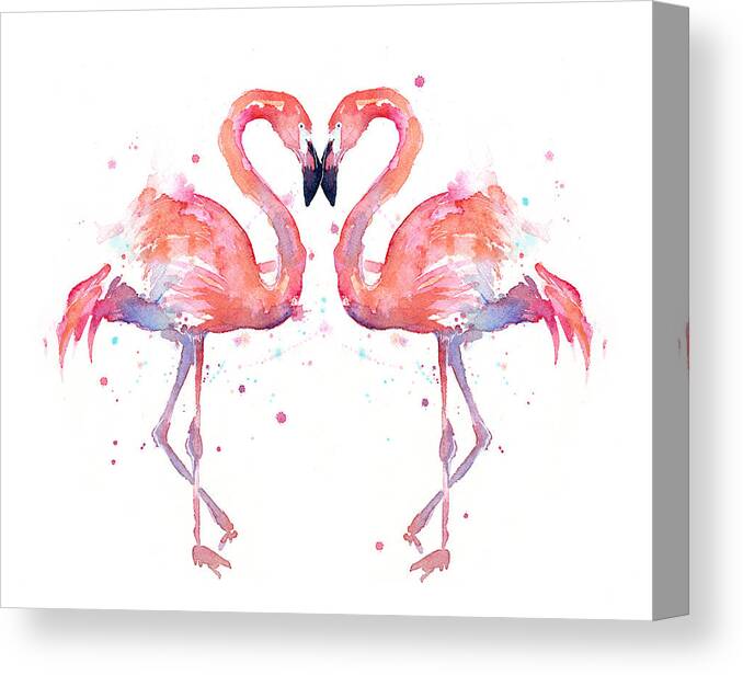 Watercolor Canvas Print featuring the painting Flamingo Love Watercolor by Olga Shvartsur